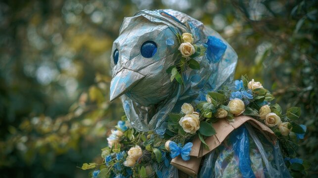 Mystical puppet character wearing floral decorations and shimmering fabric in a lush green outdoor setting