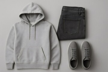 Naklejka premium Casual flat lay with a relaxed outfit featuring a grey hooded sweatshirt, dark denim trousers, and matching plimsoll shoes