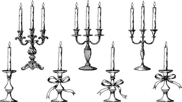 Collection of elegant candelabras and candle holders with lit candles, hand-drawn illustration