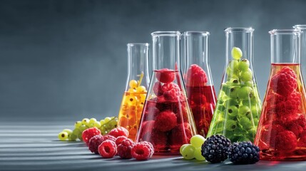 Colorful Fruit Extracts in Laboratory Flasks on Gray Background