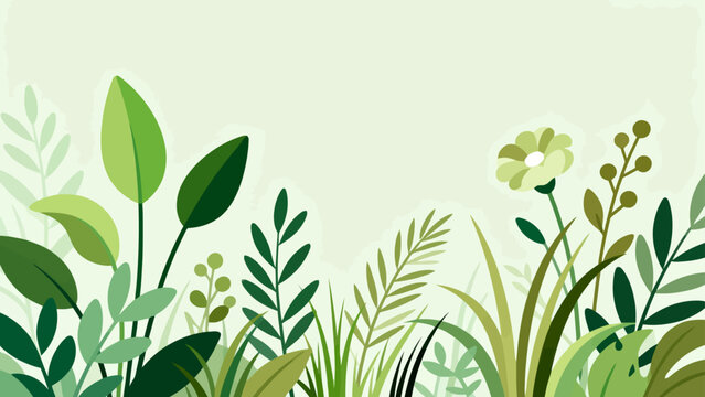 Illustration of diverse green plants and flowers