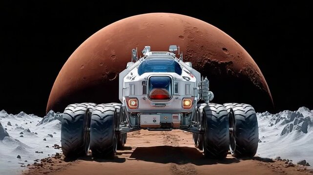 Mars Exploration Rover: A futuristic rover boldly navigates the alien terrain of Mars, with the imposing red planet looming in the background.