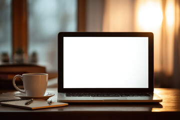 Fototapeta premium Laptop with coffee on a wooden desk near a window