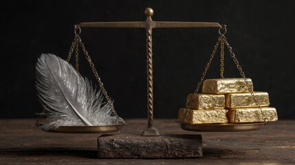 Weight of Justice: Feather and Gold Bars on Balance Scale Representing Duality of Values and Choices in Society