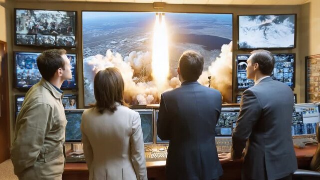 Anticipation and Ascent: A group of individuals watch with rapt attention as a rocket ship launches, against a backdrop of computer screens and technological infrastructure. 
