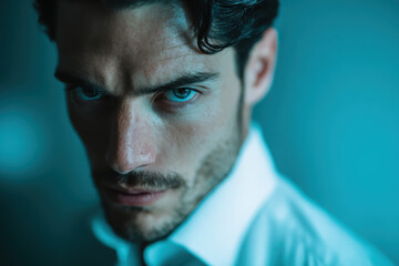 Man with intense blue eyes in close-up portrait