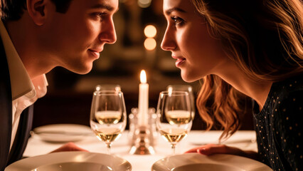 Romantic couple having a candlelit dinner in a restaurant with an intimate atmosphere for special occasions