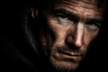 Obraz premium Man with beard looking intently against dark background