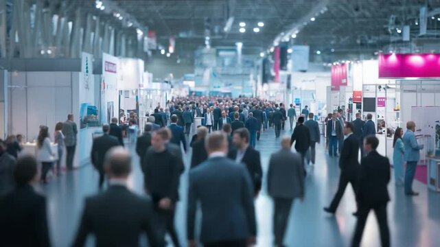 Networking Nexus: A bustling trade fair scene, showcasing a multitude of attendees navigating through a vibrant exhibition space, fostering connections and opportunities.