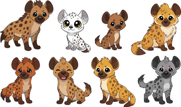 Cute hyena cub character set with different colors expressions cartoon African animal mascot vector illustration