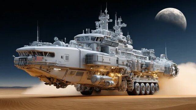 Futuristic Ground Vehicle: A highly detailed futuristic vehicle is navigating a desert landscape under the night sky. The vehicle's advanced design, with prominent wheels.