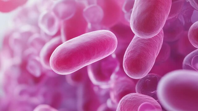 A close up of a pink cell with a red nucleus. The cell is surrounded by other pink cells