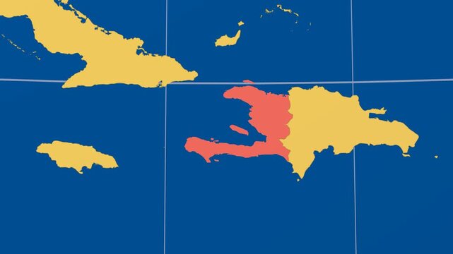 Haiti on Globe. Animated zoom into the country in Ocean Blue Golden Yellow color palette. Haiti logo animation. Map with meridians, parallels. Elegant video.