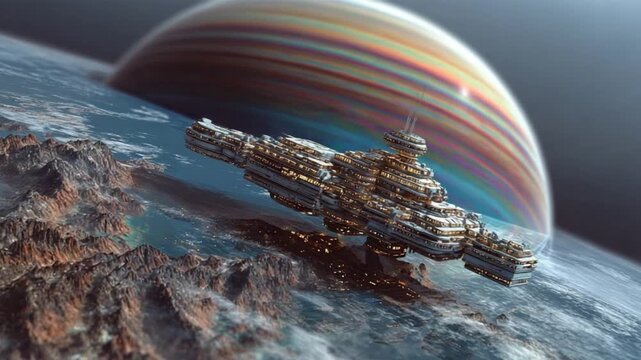 Celestial Voyage: A futuristic spaceship journeys through the vast expanse of space, gracefully navigating the celestial tapestry with earth and a giant planet as its backdrop.