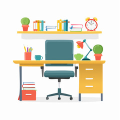 Modern home office desk setup with chair lamp books and plants on shelf workspace organized and tidy with creative supplies on desk