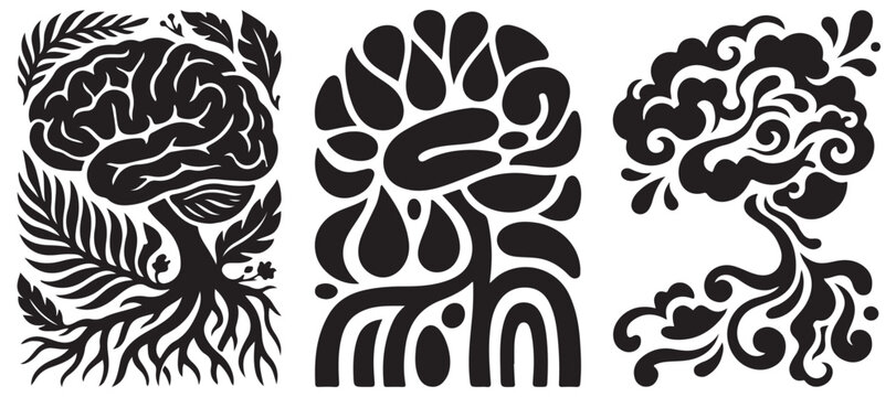Abstract black and white illustrations of stylized brains merging with trees and roots, symbolizing growth and knowledge.