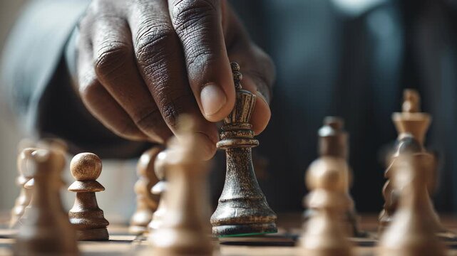 Close-up of an African American businessman's hand moving the queen chess piece on his board, symbolizing strategic thinking and determination. 