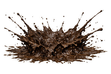 Chocolate splash creating a crown effect, dark cocoa liquid exploding with drops on transparent background