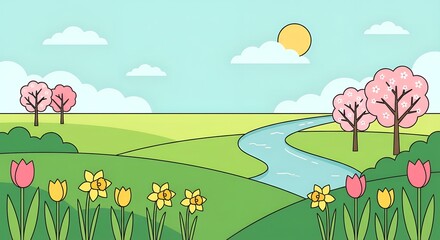 Naklejka premium Cheerful cartoon spring landscape with blooming pink cherry trees, colorful tulips, daffodils, a winding river, and sunny sky for nature awakening concept