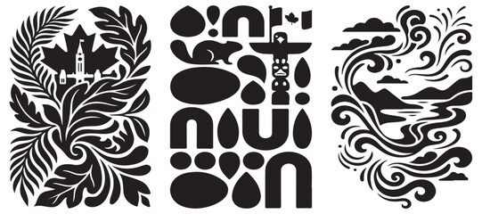 Canadian cultural symbols and natural landscapes depicted in a stylized black and white graphic art style. © Riki
