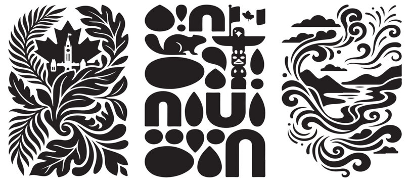 Canadian cultural symbols and natural landscapes depicted in a stylized black and white graphic art style.