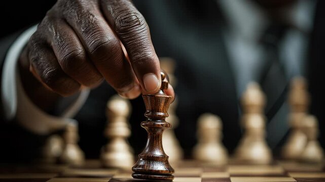 Close-up of an African American businessman's hand moving the queen chess piece on his board, symbolizing strategic thinking and determination. 