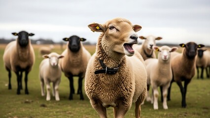 Fototapeta premium A vocal tan sheep with a black collar bleating in a lush green pasture with a blurred flock behind.
