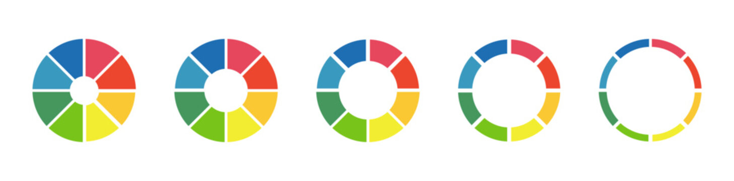 Donut charts, pies segmented on 8 equal parts. Diagrams infographic multicoloured. Wheels divided in eight sections. Pie, pizza chart round icons layout. Circle section graph . Loading bar mockup set.