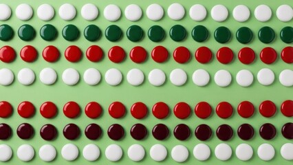 Rows of colorful, round objects arranged in a pattern on a light green surface
