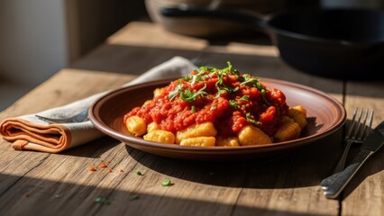Rustic, sunlit shot of gnocchi with tomato sauce, garnished with herbs, on a wooden table