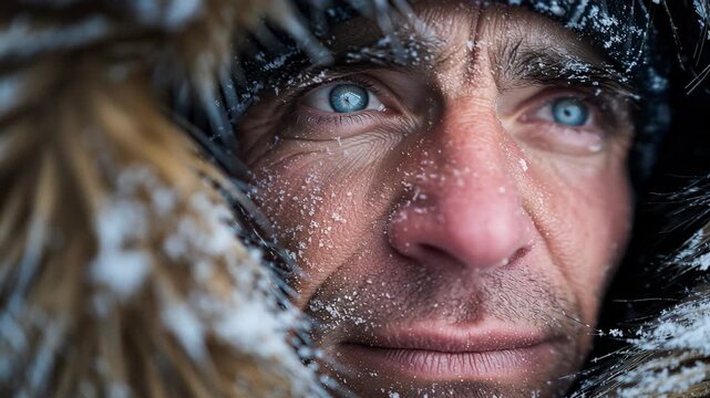 An explorer with snow on his face, wearing warm and with blue eyes. he is in the arctic ice-covered landscape, looking directly at the camera.