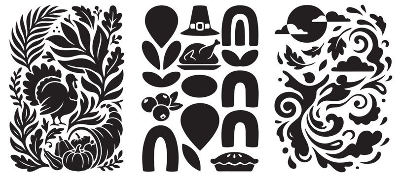 Thanksgiving themed black and white graphic elements including a turkey, pumpkin, pie, and abstract shapes.