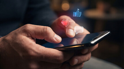 Man hands using smartphone with glowing social media icons, 3d holographic reaction symbols like heart and thumb up, digital marketing communication concept, for business, networking, app interface.