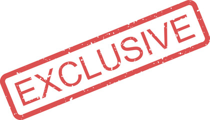 Angled red rubber stamp with a textured appearance displaying the prominent word EXCLUSIVE on a white canvas