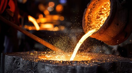 Workers Pouring Glowing Molten Metal with Sparks Flying in a Molten Metal Casting Workshop