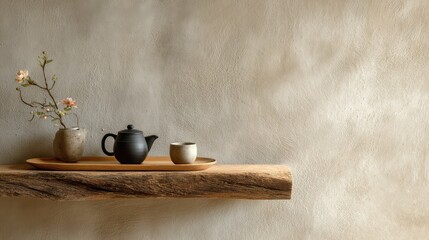 A vase and a teapot on a wooden shelf