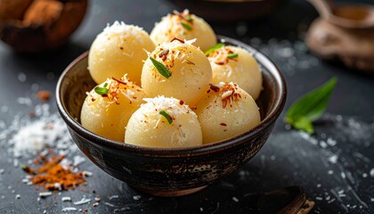 Watalappam coconut custard dessert, close-up texture shot, dark moody background, no people, no text