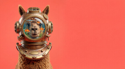 Obraz premium Funny llama in antique deep sea diving helmet with goldfish swimming inside, surreal concept
