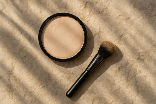 Golden highlighter compact and a fluffy makeup brush on a beige textured stone, creating a soft, warm cosmetic scene - Powered by Adobe