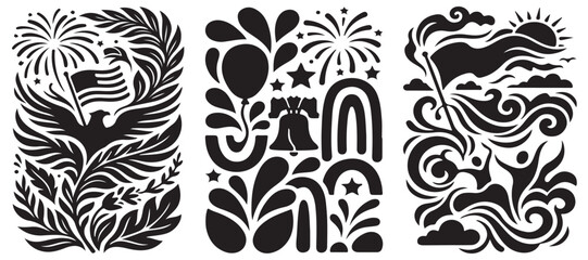 Set of three abstract black and white graphic illustrations celebrating American Independence Day with patriotic symbols. © Riki