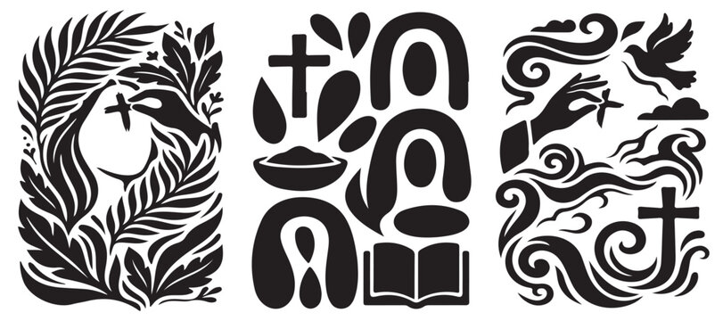 Christian symbols and abstract shapes representing faith, baptism, and the Holy Spirit.