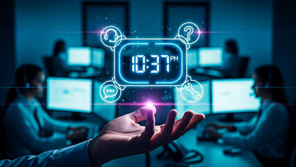 A hand holding a digital clock in a modern office with coworkers working late