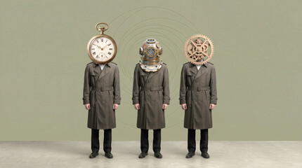 Surreal conceptual art of three men in trench coats with clock, diving helmet, and gear heads standing in a row