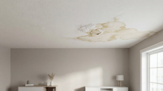 Large Water Stain and Damage on a White Residential Ceiling from a Pipe Leak