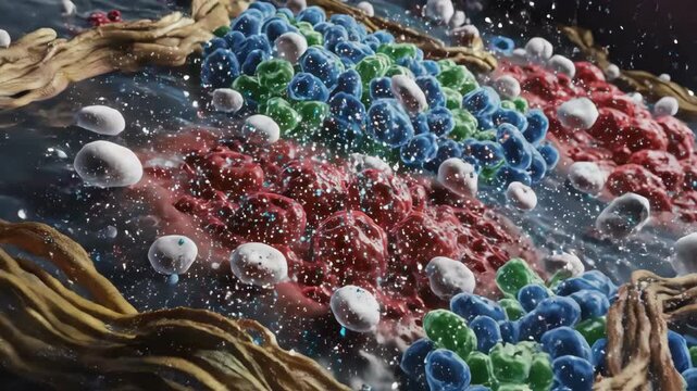 Abstract 3D visualization showing microscopic cellular damage and immune response activity symbolizing chronic skin disease progression molecular, discoid, cellular