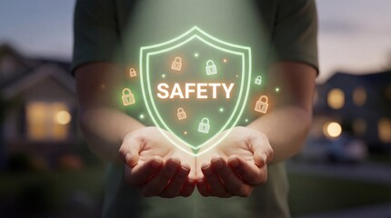 Person Holding Glowing Safety Shield Hologram Concept. neon security lock icon, smart home protection symbol, futuristic digital abstract interface, cyber technology, virtual reality, insurance.