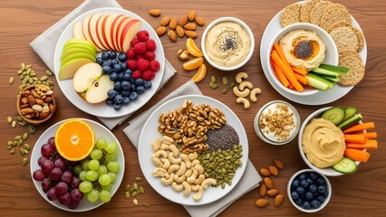 Healthy snack assortment with fruits nuts and dips on wooden table