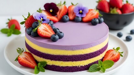 A vibrant multi-layered purple and yellow berry mousse cake topped with fresh strawberries, blueberries, and delicate edible flowers.