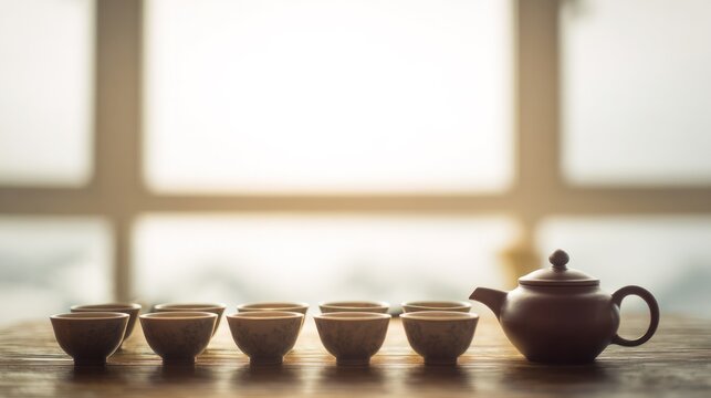 Traditional teapot and small teacups arranged on a wooden table. bar promotions, beverage menus, designed for product packaging and bar promotions, elevates brand perception.