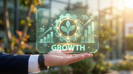 Sustainable business growth hologram concept, green energy plant gear icon, financial profit arrow chart, futuristic eco investment interface, corporate esg development, smart nature technology.